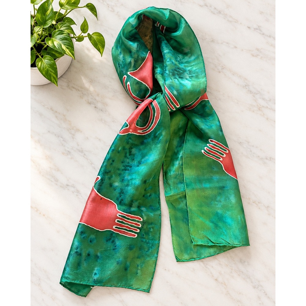 Hand Painted Silk Scarf Green Batik Red Tribal Animal Motif Artistic Accessory